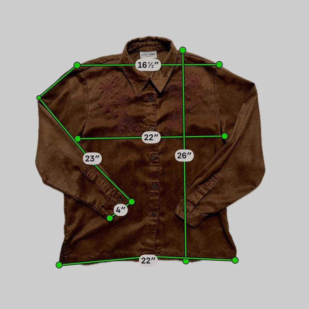 Alfred Dunner Shirt Womens 12P Brown Faux Suede Embroidered Petite Button Up